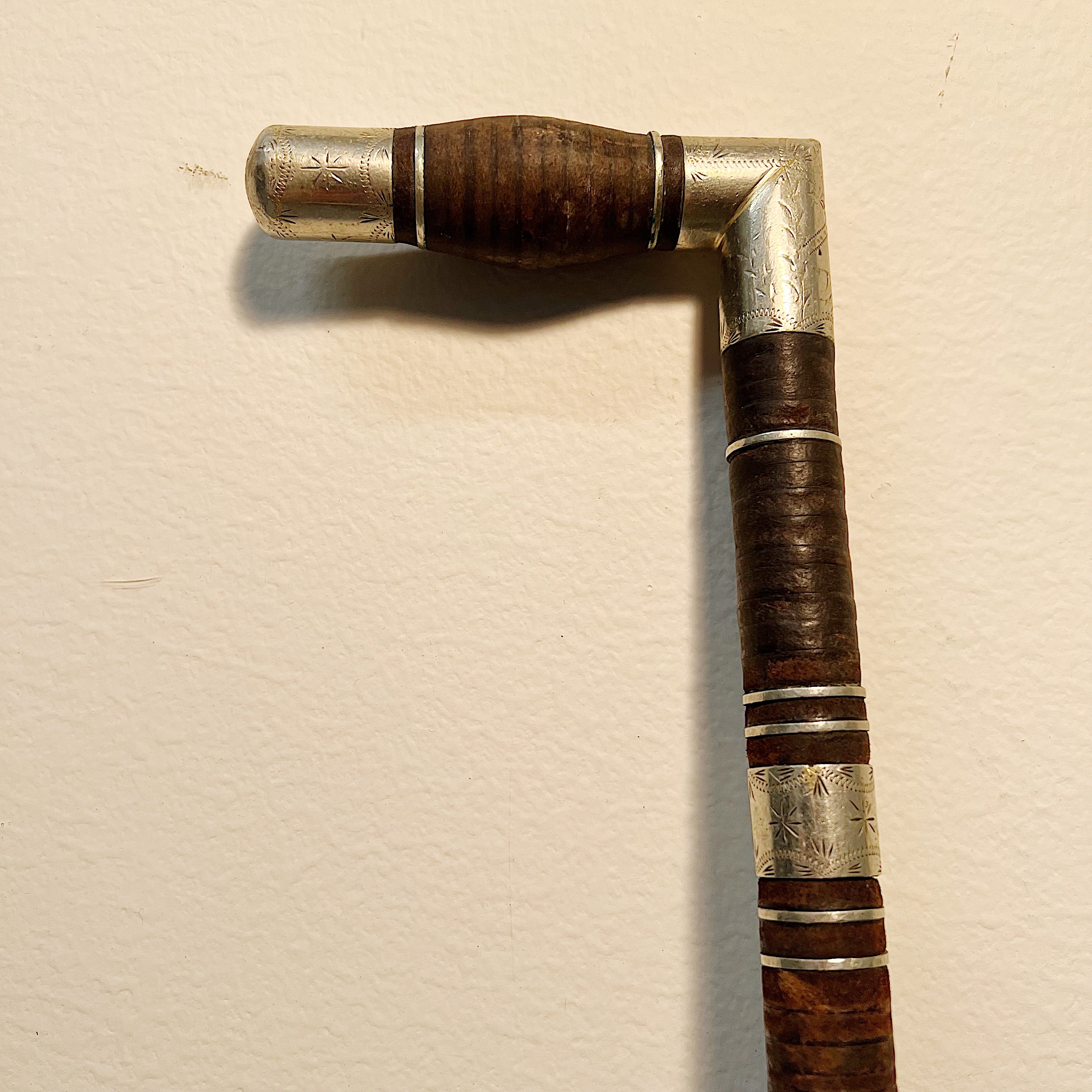 Antique Stacked Leather Cane with Nickel Plated Etching