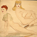 1950s Pin Up Watercolor Painting of Nude Women Bathing - Painting on Thick Paper - Women's Hairstyles - "Bathing Girls" - Mystery Artist