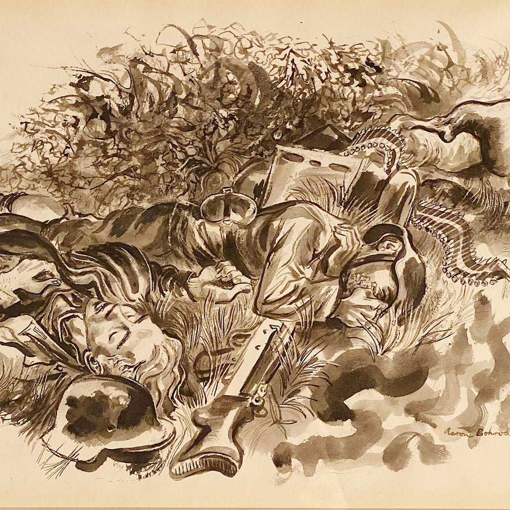 Aaron Bohrod Painting of War Scene - 1940s Original WW2 Scene Artwork - Signed by Social Realist Artist - Black and White Watercolor - Rare