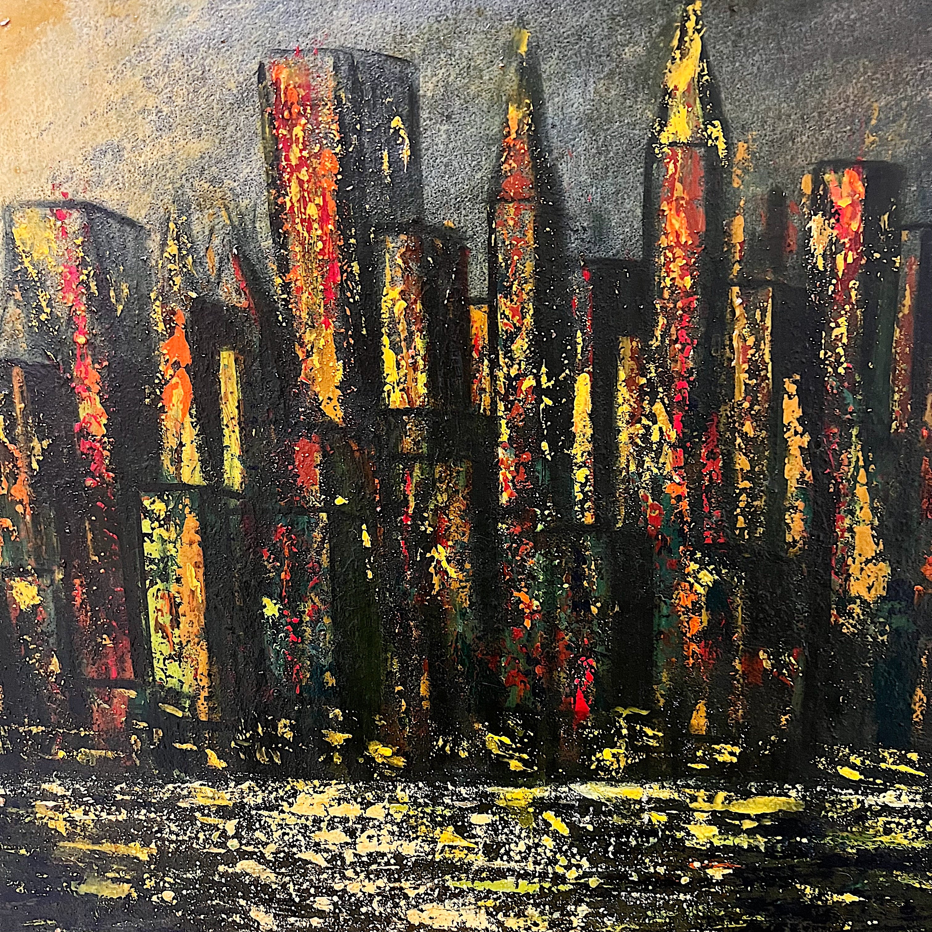 1950s Cityscape Painting with Skyscrapers at Night | 1958