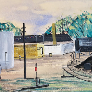 WPA Painting of Railroad Depot Industrial Area - Signed Pat Curran - 1930s Working Art - New Deal Artwork - Rare Regionalist Paintings