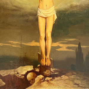 Antique Russian Crucifixion Painting with a Skull in the Rocks