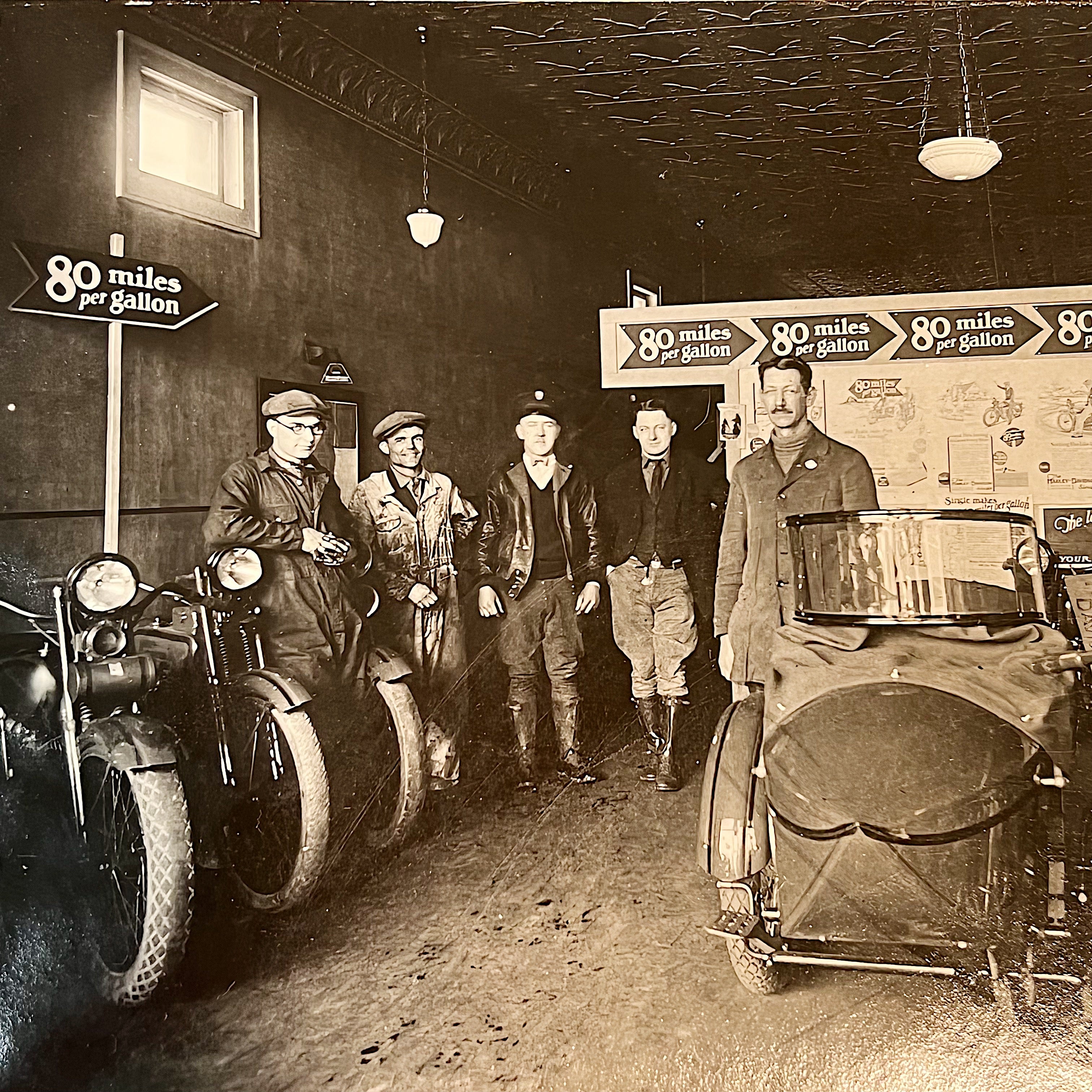 Antique Harley Davidson Dealer Photograph from 1920s Minneapolis - Rare Interior Motorcycle Shop Photography - 80 Miles Per Gallon Advert
