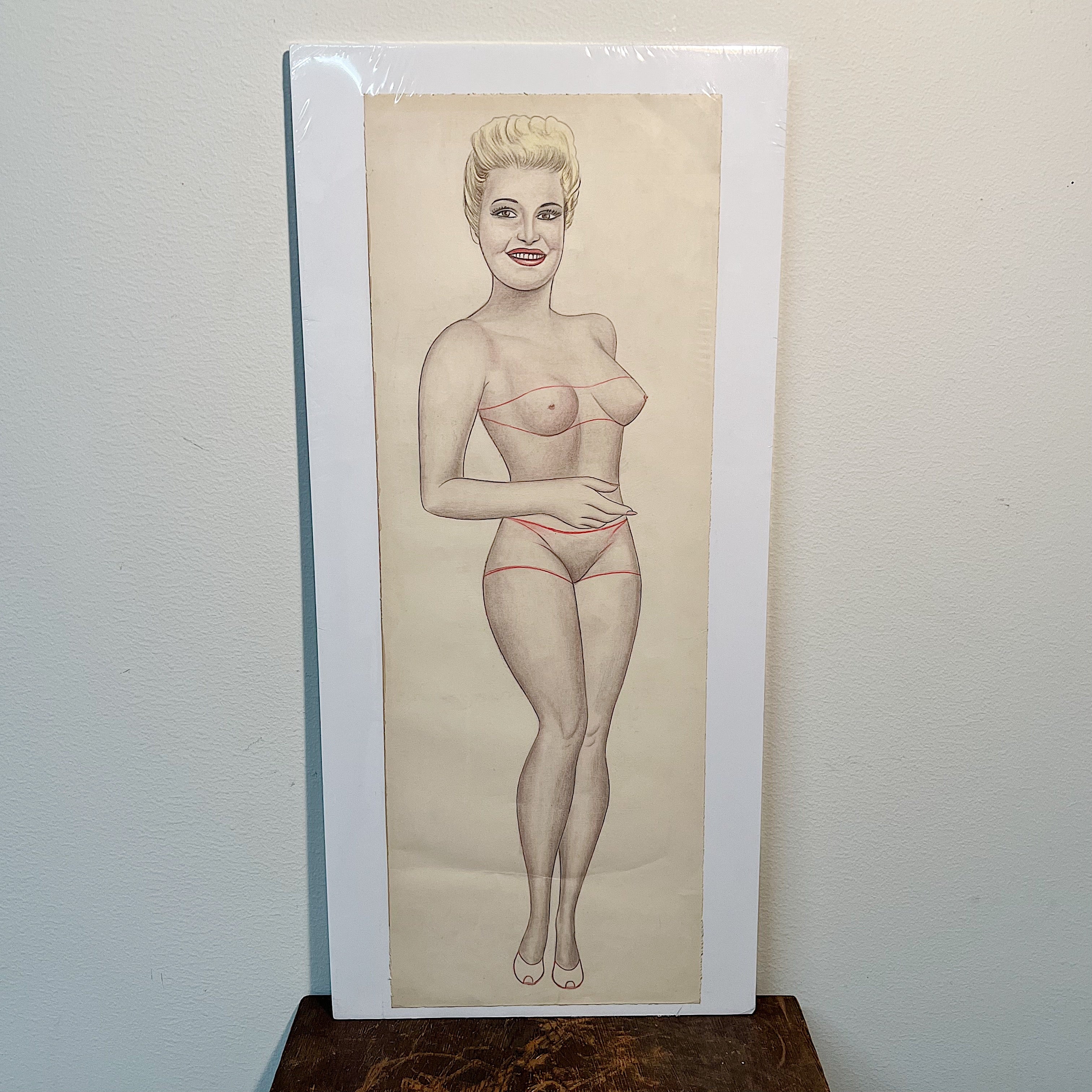 Rare 1950s Pin Up Nude Drawing of Posing Woman - Vintage Hot Rod Rockabilly Culture - Colored Pencil Female Drawings - Man Cave Artwork
