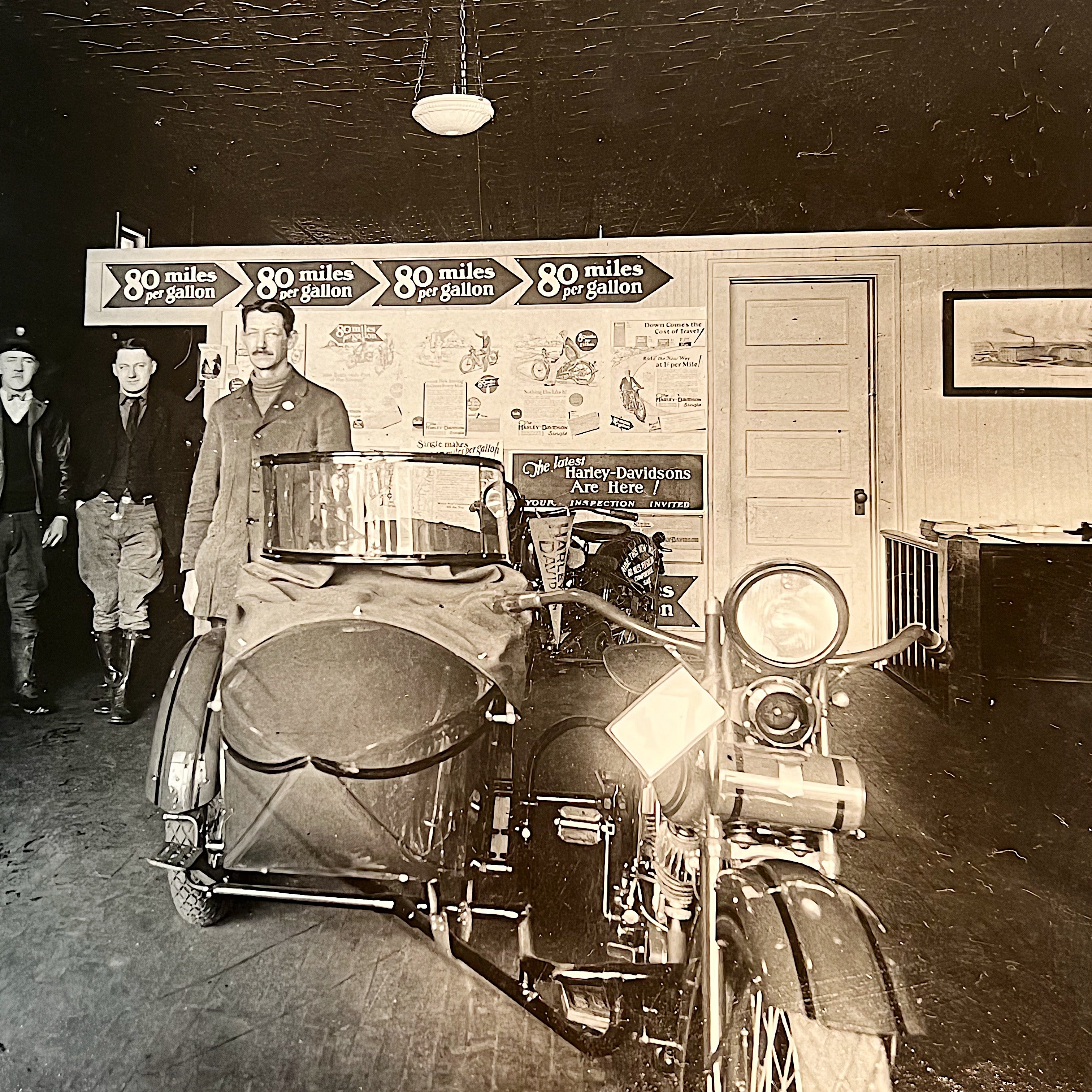 Antique Harley Davidson Dealer Photograph from 1920s Minneapolis - Rare Interior Motorcycle Shop Photography - 80 Miles Per Gallon Advert Alternate