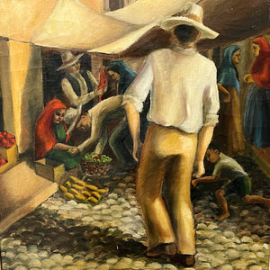 Rare WPA Era Painting of Street Market Scene - 1940s Southwest Regionalist Oil on Canvas - Signed Irene Mactavish - Depression Era - 26 x 20