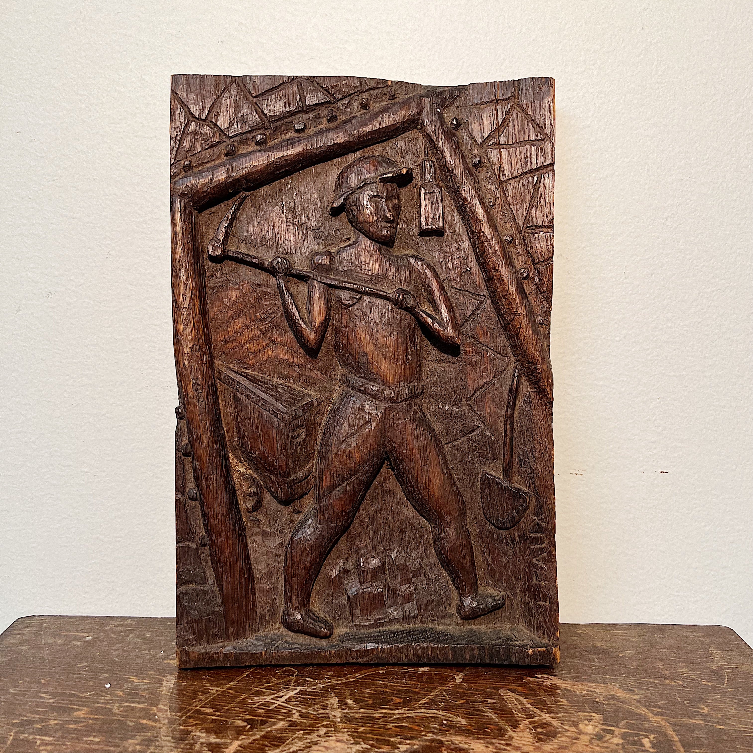 Rare1940s Folk Art Plaque Carving of Miner Swinging Pick Axe - Signed L. Faux - Antique Wood Carvings - Eclectic Wall Art - Rare Vintage