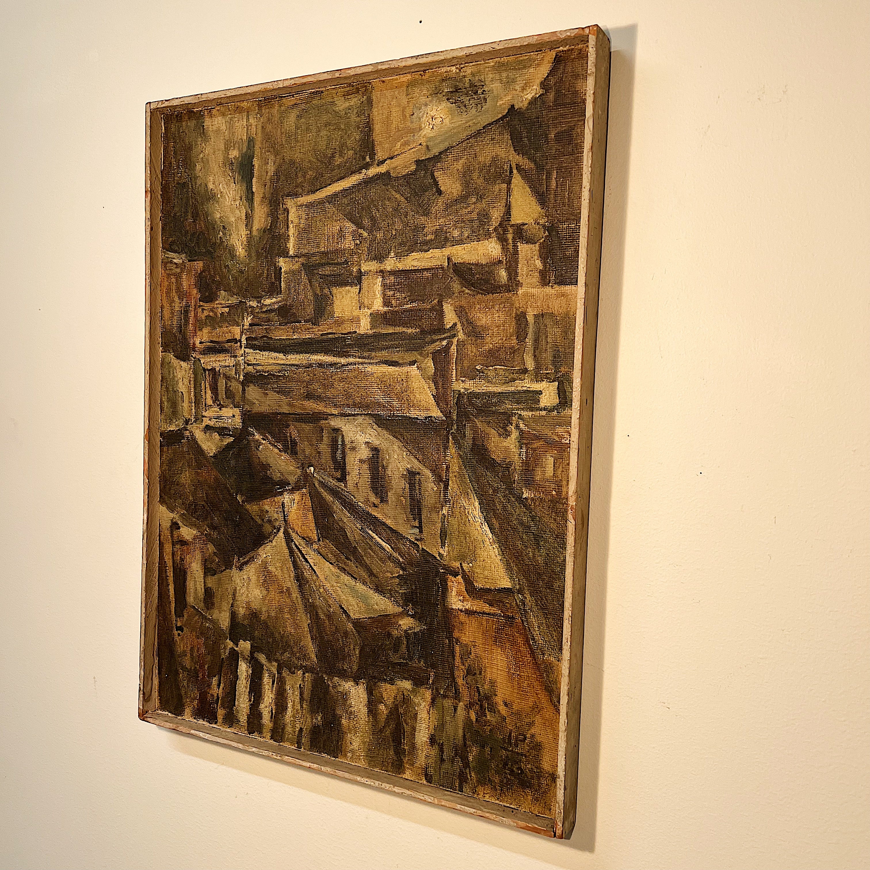 Reserved 1950s Cubist Abstract Painting of Industrial Urban