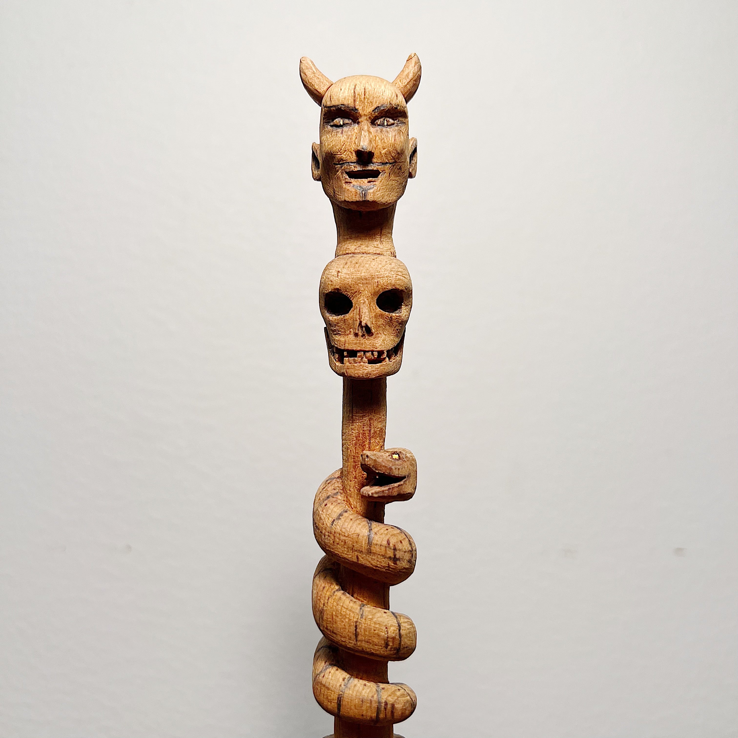 1940s Folk Art Wood Carving of Evil Totem | Macabre Antique Skull Devil Snake Ornate Carving Vintage Antique