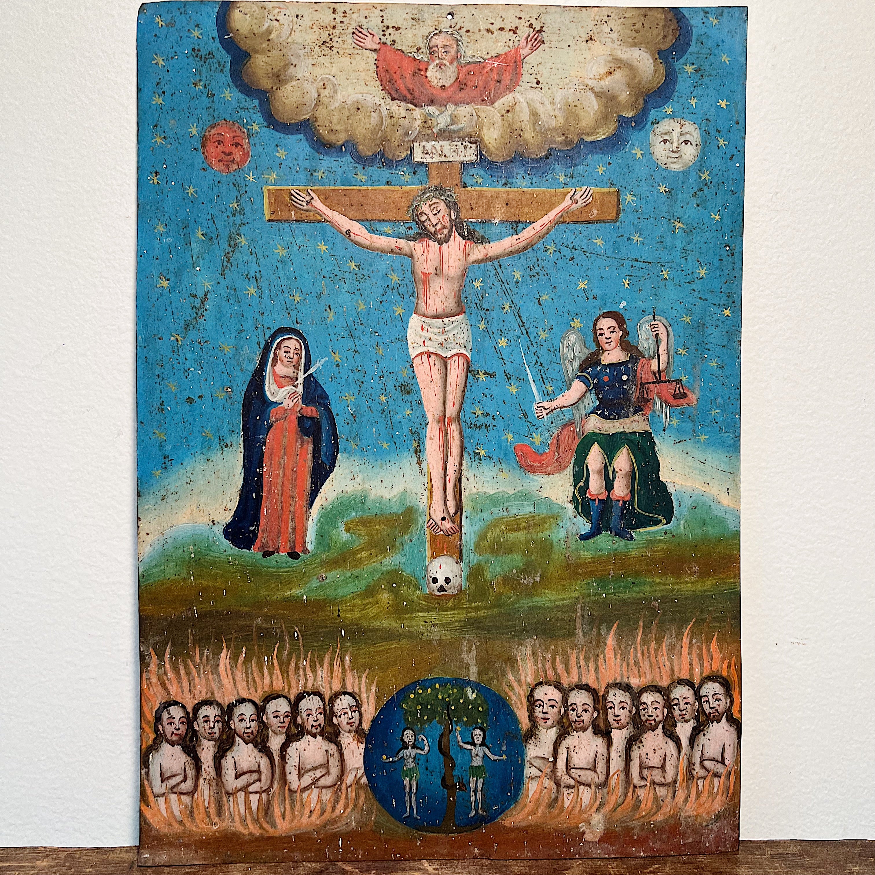 Rare Antique Tin Retablo of Cross of Souls | Las Animas Solas