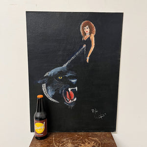 1980s Painting of Woman and Black Panther in Jewels
