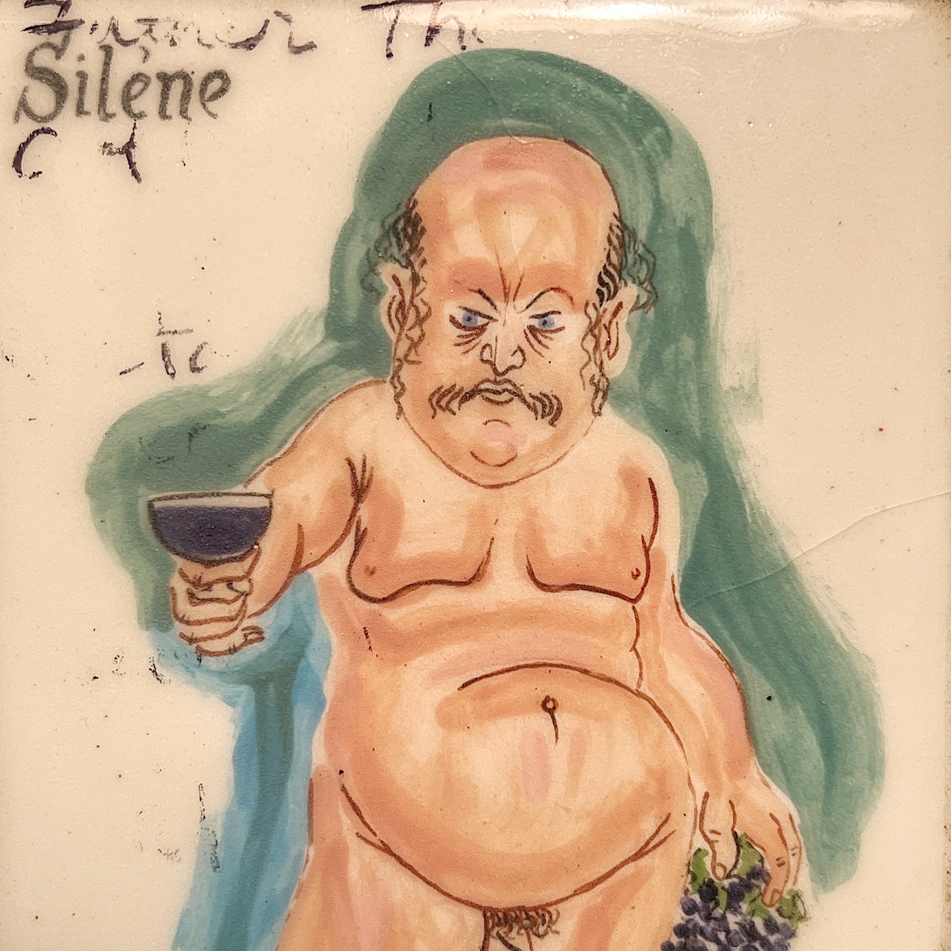 Alonzo Hauser Painting On Tile of Nude Man Drinking Wine - Self Portrait? - Winery Decor - Minnesota Artist - Rare Humorous Artwork
