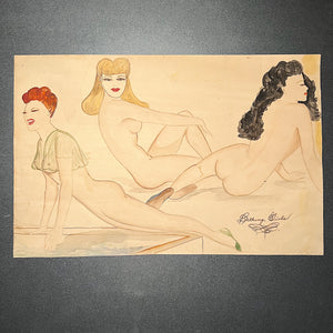 Rare 1950s Pin Up Watercolor Painting of Nude Women Bathing - Painting on Thick Paper - Women's Hairstyles - "Bathing Girls" - Mystery Artist
