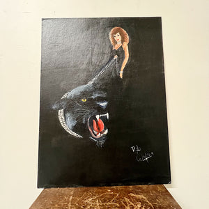 1980s Painting of Woman and Black Panther in Jewels