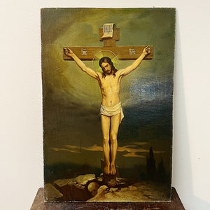 Antique Russian Crucifixion Painting with a Skull in the Rocks
