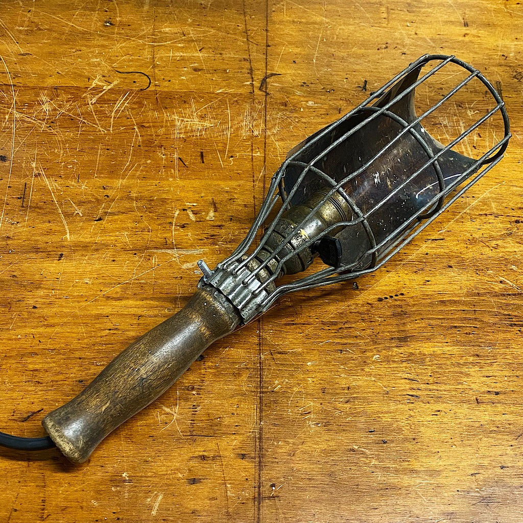 Antique Trouble Light with Wooden Handle. - Early 1900s Task Lamp - Industrial Decor - Hanging Metal Cage - Cool Machinist Lights