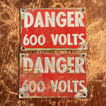Vintage Locomotive Danger Signs - Set of 2 - Red 600 Volts - Industrial Decor - Railroad Signs - 3" x4 1/2" - Cool Train Memorabilia