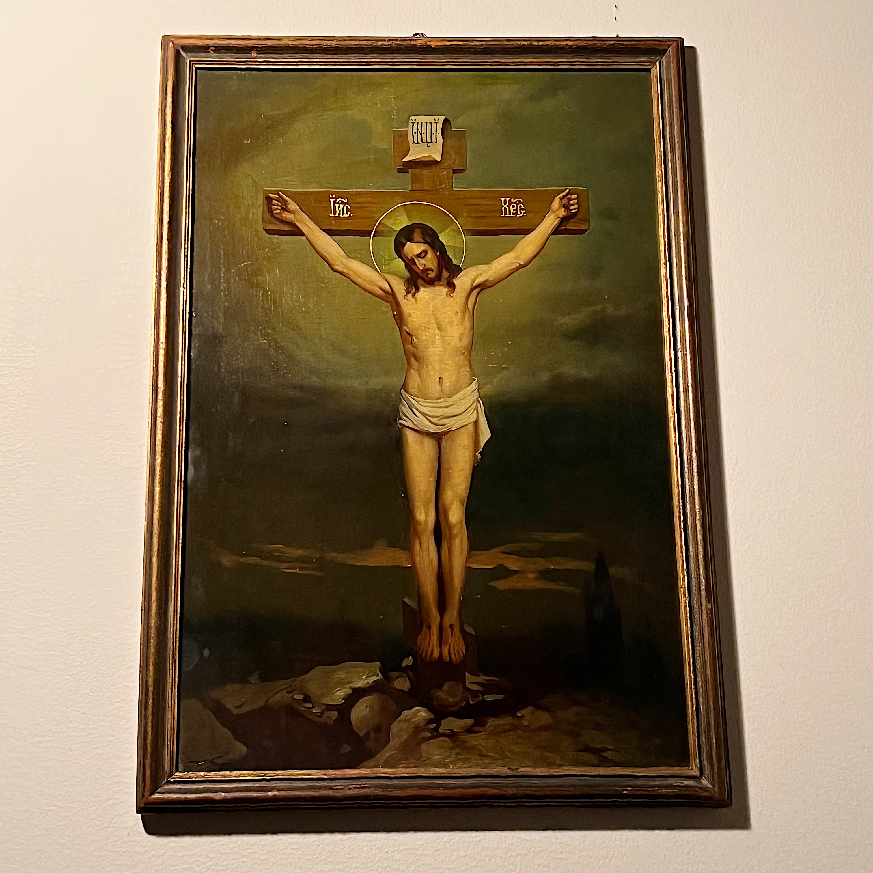 Antique Russian Crucifixion Painting with a Skull in the Rocks - Early 1900s Gothic Artwork - Turn of the Century Iconographic Oil Paintings