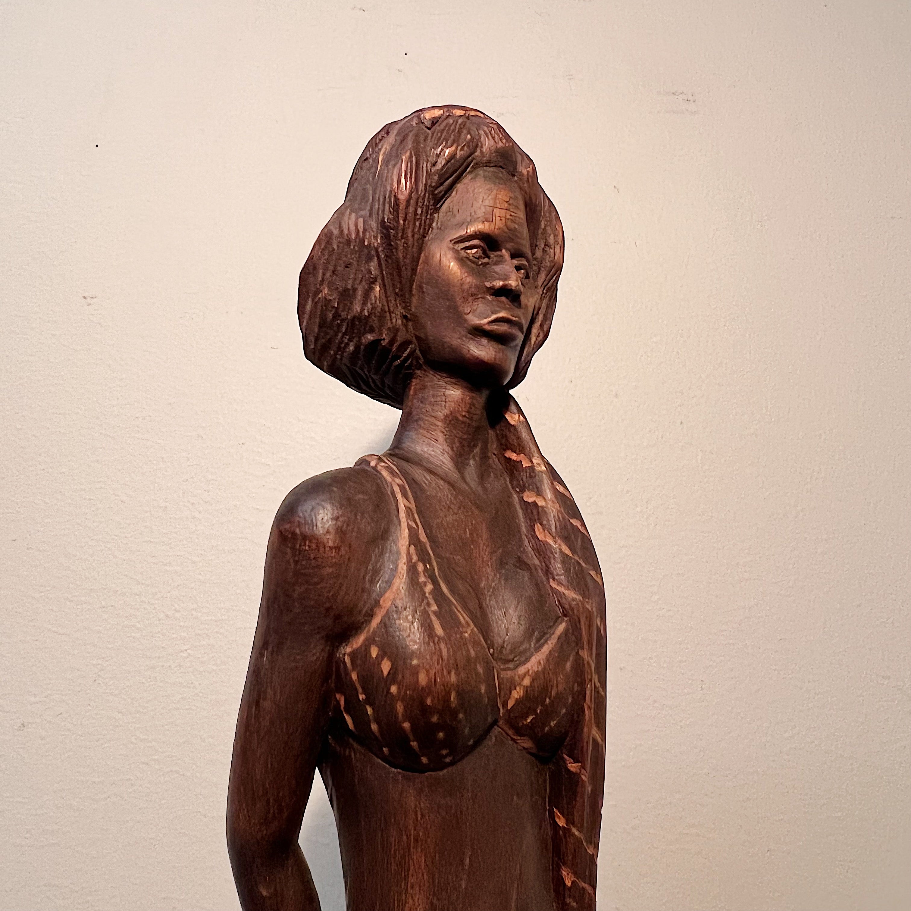 1940s Folk Art Wood Sculpture of Woman in Bikini |  L. Hernandez