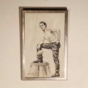 Rare Vintage Charcoal Drawing of Dude Posing with a Hammer - 1960s Chicago Art - Signed E. Simon - Unusual Artwork - Rare Industrial Decor