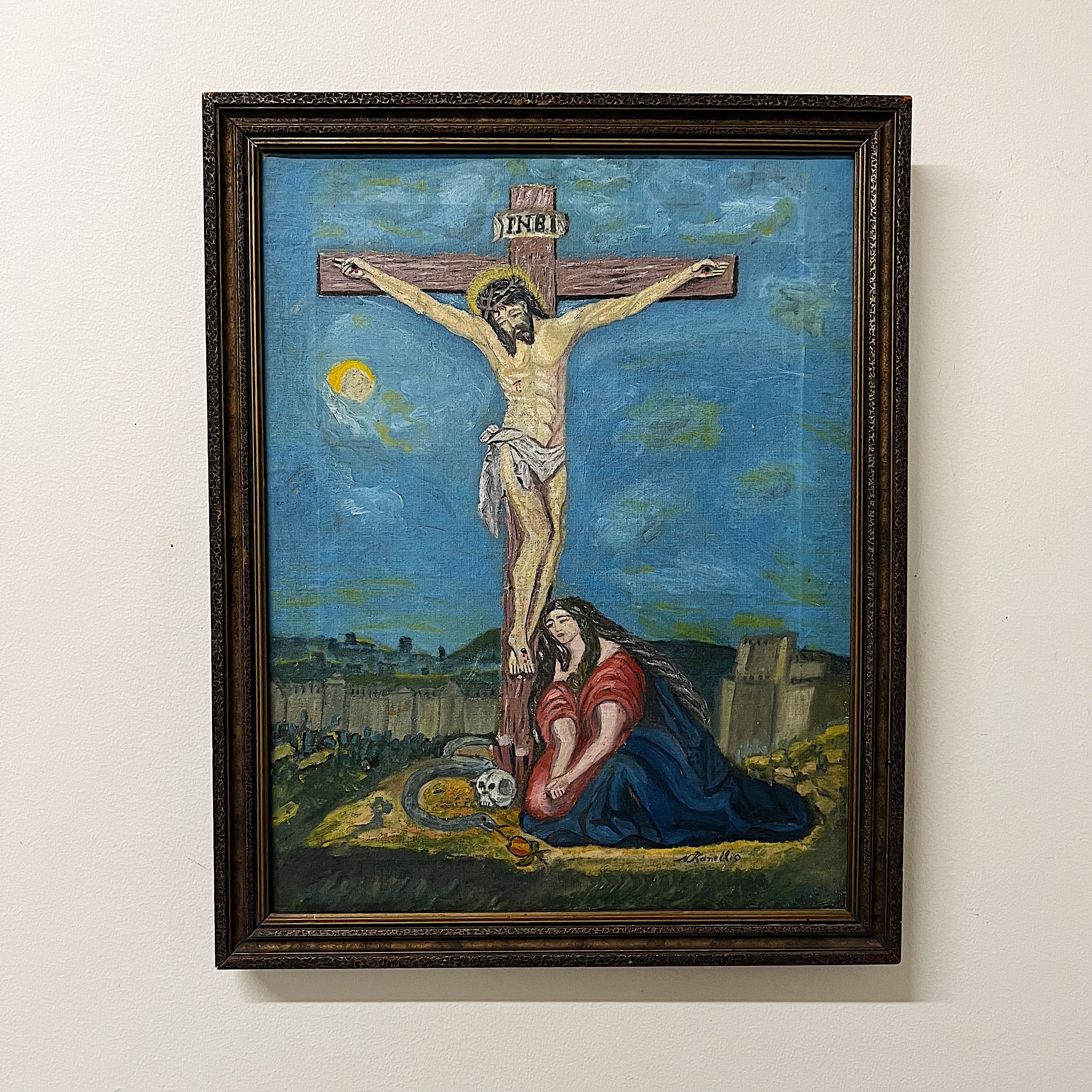 Antique Crucifixion Painting with Skull and Snake - Early 1900s Folk Art - Signed N. Kanellis - Iowa Origins - Unusual Outsider Art