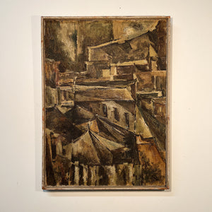 Rare 1950s Cubist Abstract Painting of Industrial Urban Scene 