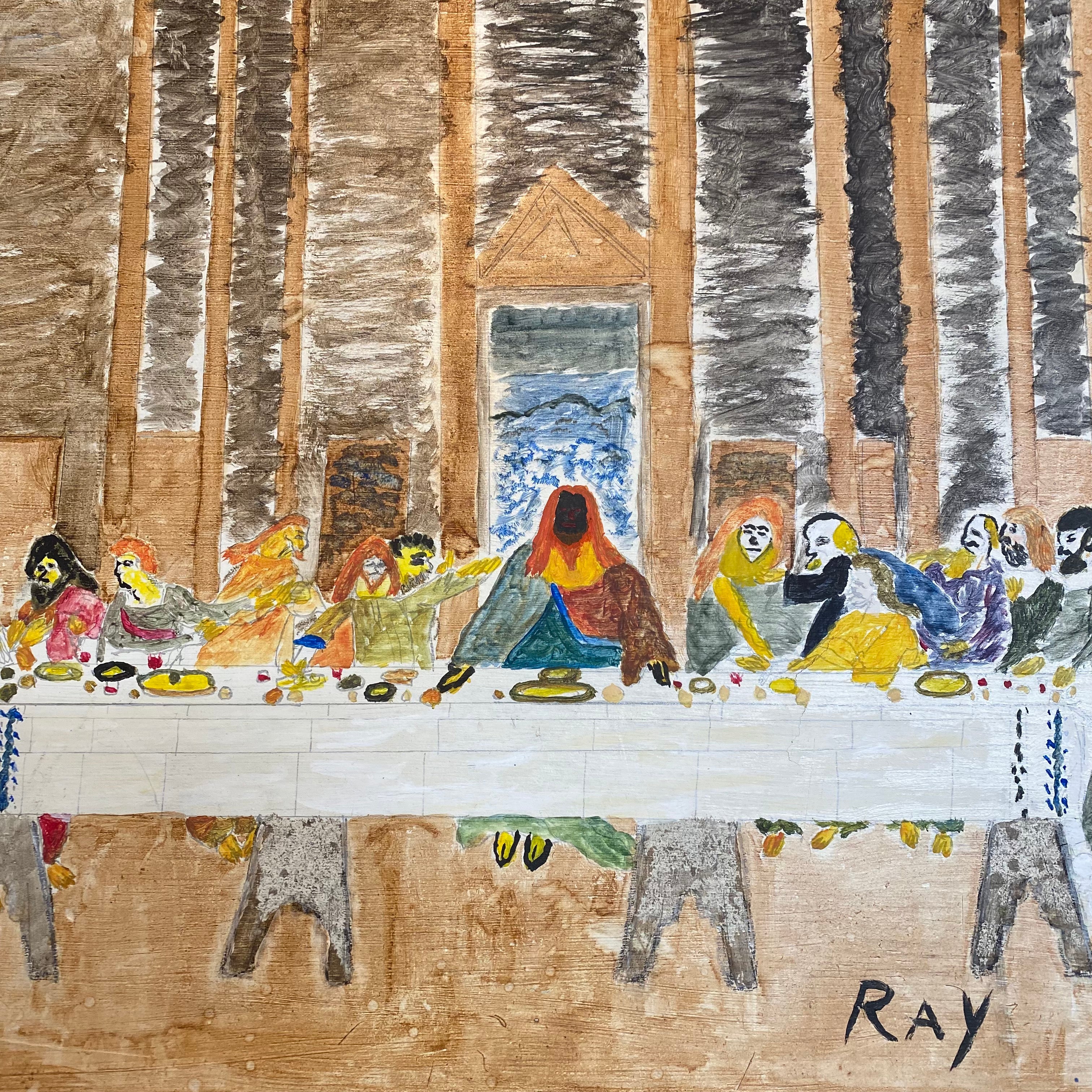 Last Supper Outside Art Painting of Last Supper Signed Ray - Folk Art Watercolor Paintings on Cardboard - Southern Artwork - Virginia Artist - Scarce