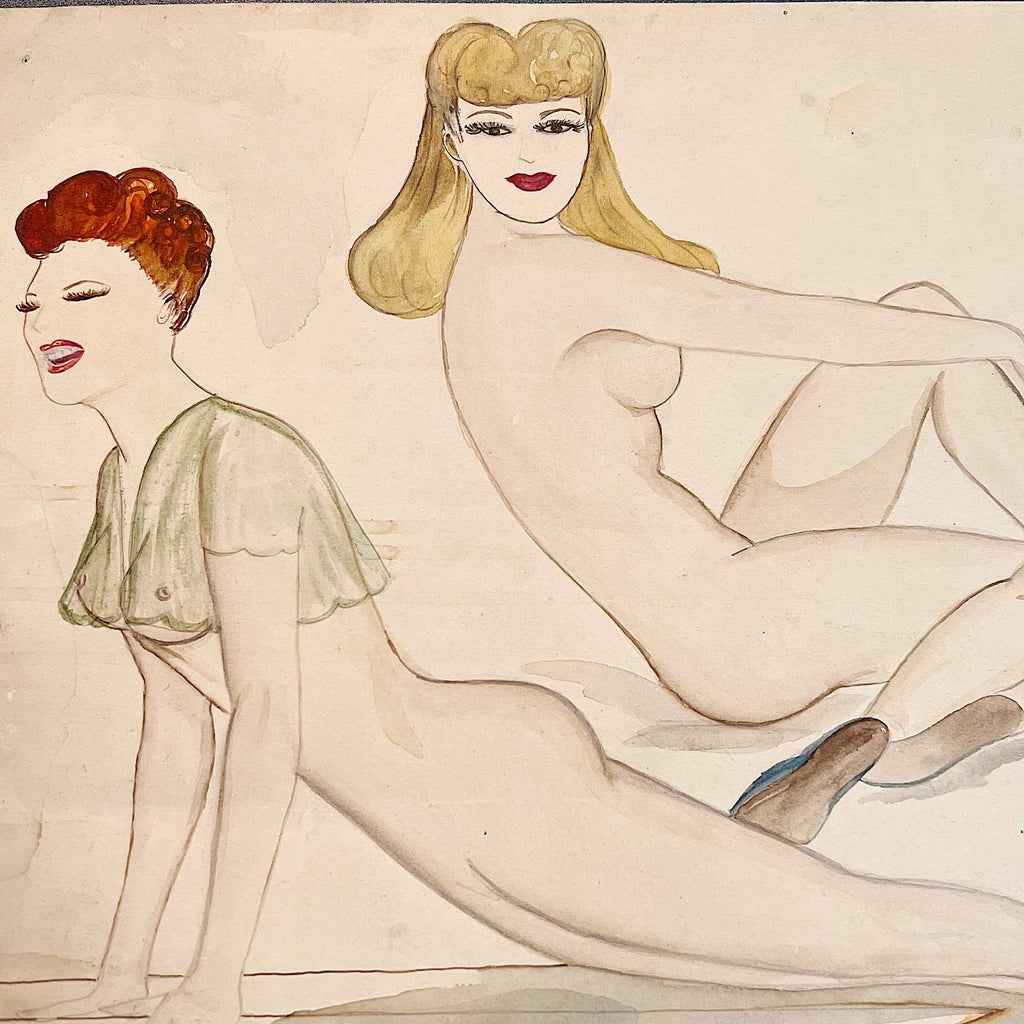 1950s Pin Up Watercolor Painting of Nude Women Bathing