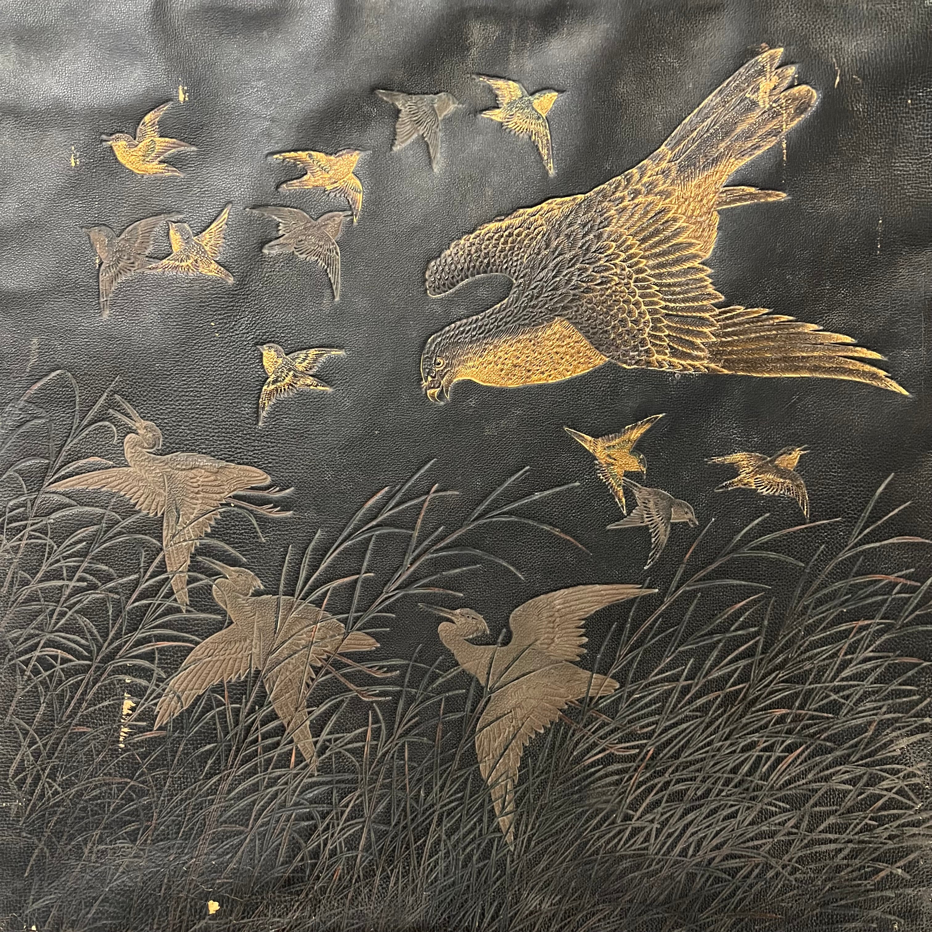 Antique Leather Artwork of Hawk and Birds within Landscape - Industrial Decor - Rare Early 1900s Riveted Gold Design - Mystery Artist
