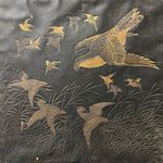Antique Leather Artwork of Hawk and Birds within Landscape - Industrial Decor - Rare Early 1900s Riveted Gold Design - Mystery Artist