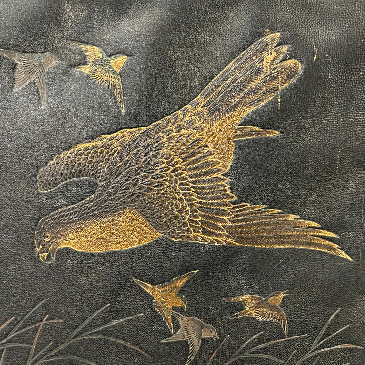 Antique Leather Artwork of Hawk and Birds within Landscape – Mad Van ...