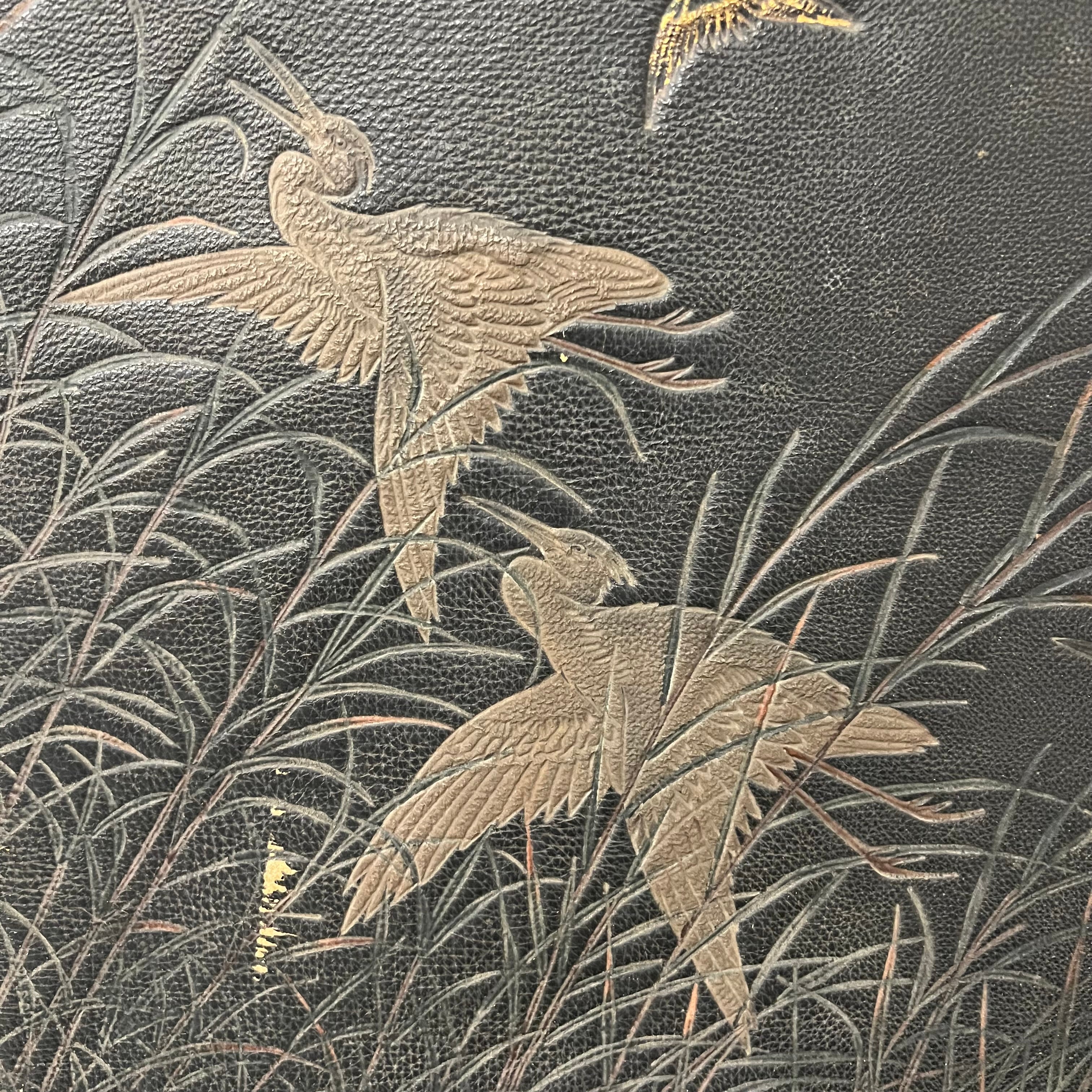 Antique Leather Artwork of Hawk and Birds within Landscape