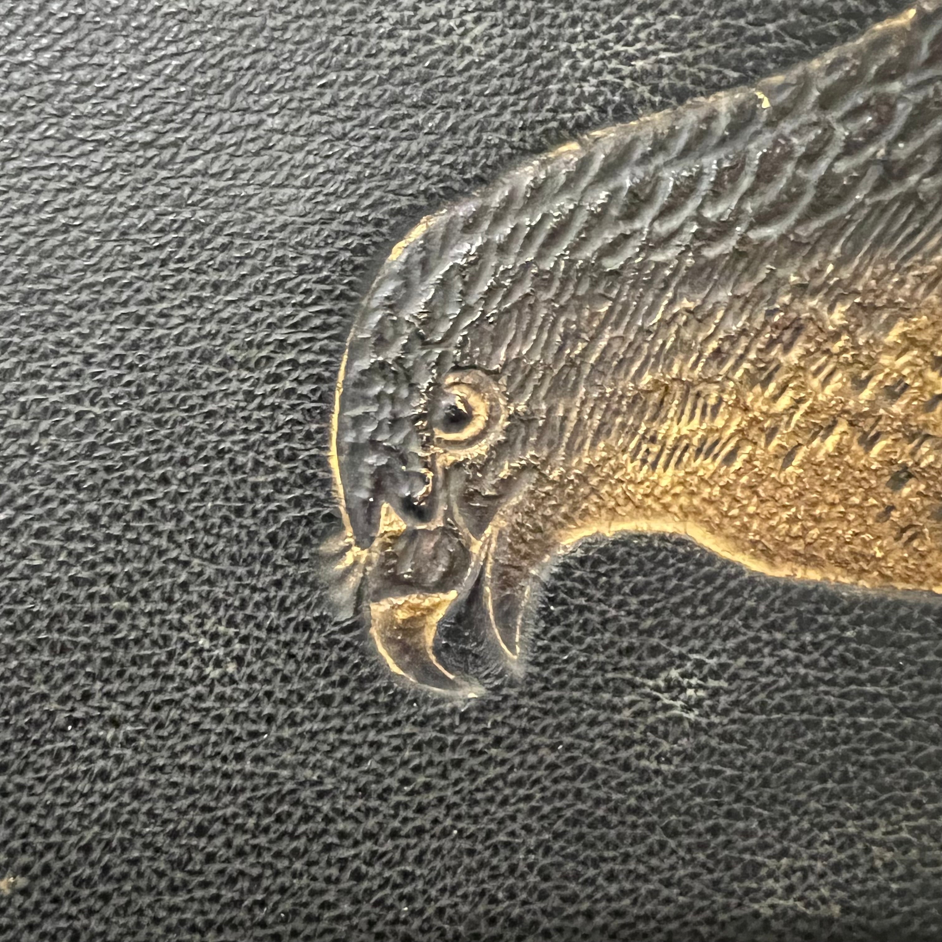 Hawk in Antique Leather Artwork of Hawk and Birds within Landscape - Industrial Decor - Rare Early 1900s Riveted Gold Design - Mystery Artist