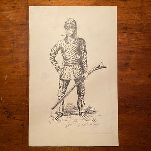 Rare Vintage Illustration of Frontiersman with Glare and Pipe - Signed M. Davis - Illustrator Artwork - Unusual Ink Drawing - Mystery Artist