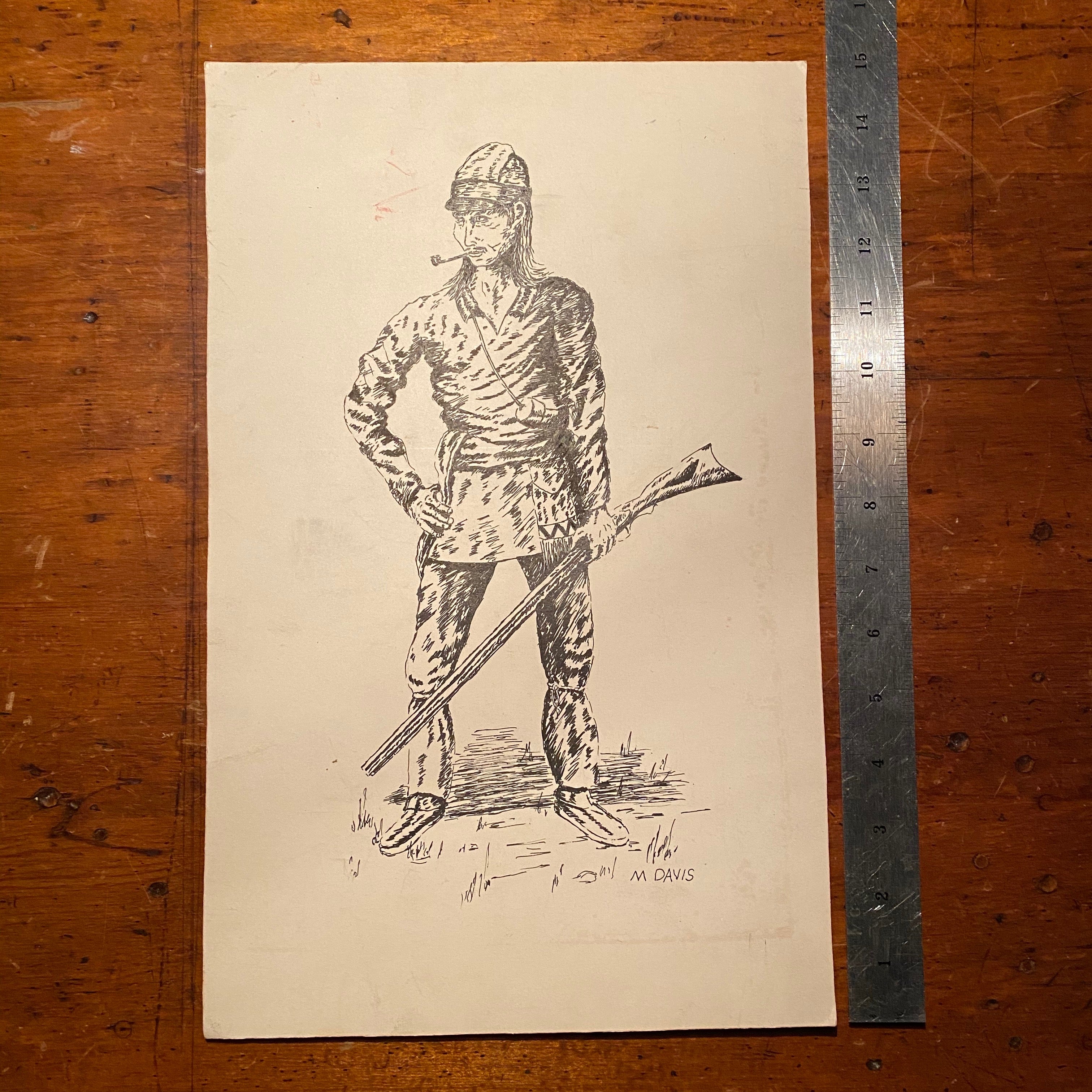 Vintage Illustration of Frontiersman with Glare and Pipe | 1980s