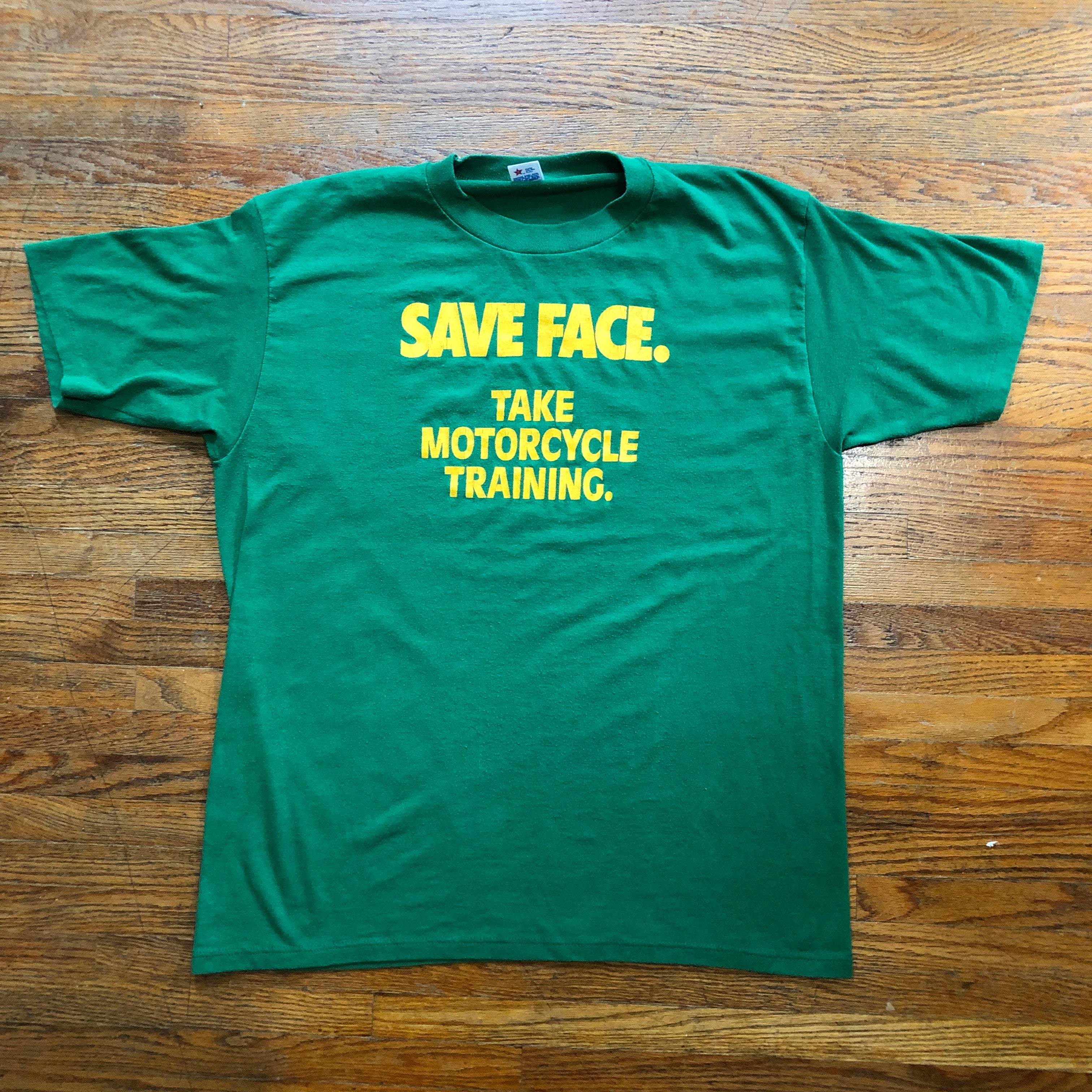 Vintage Motorcycle Safety Training T Shirt from 1980s - XL - Save Face - John Deere Colors - Green Yellow - Jerzees - Polyester Cotton