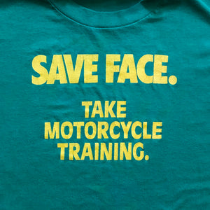 Vintage Motorcycle Safety Training T Shirt from 1980s - XL - Save Face - John Deere Colors - Green Yellow - Jerzees Tag 