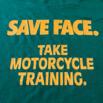 Vintage Motorcycle Safety Training T Shirt from 1980s - XL - Save Face - John Deere Colors - Green Yellow - Jerzees Tag - Polyester Cotton