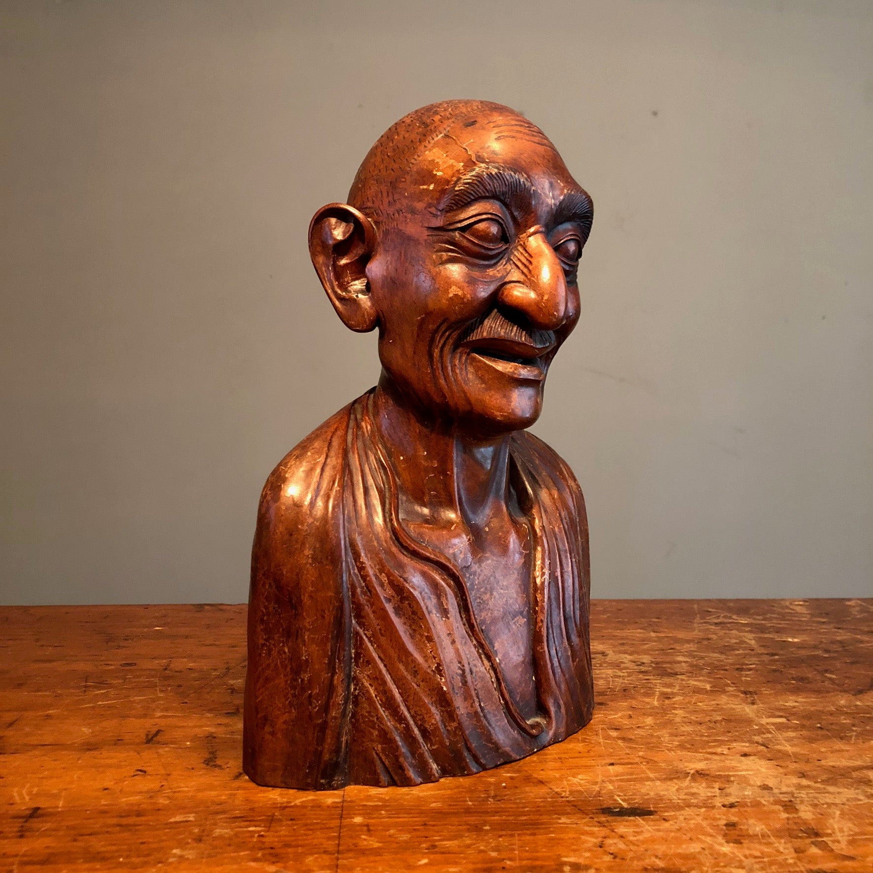 Chinese Wood Bust of Old Man - Turn of the Century - Antique Ornate Sculpture - Rare Asian Carving - Mystery Artist - Creepy