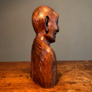 Chinese Wood Bust of Old Man - Turn of the Century - Antique Ornate Sculpture - Rare Asian Carving - Creepy