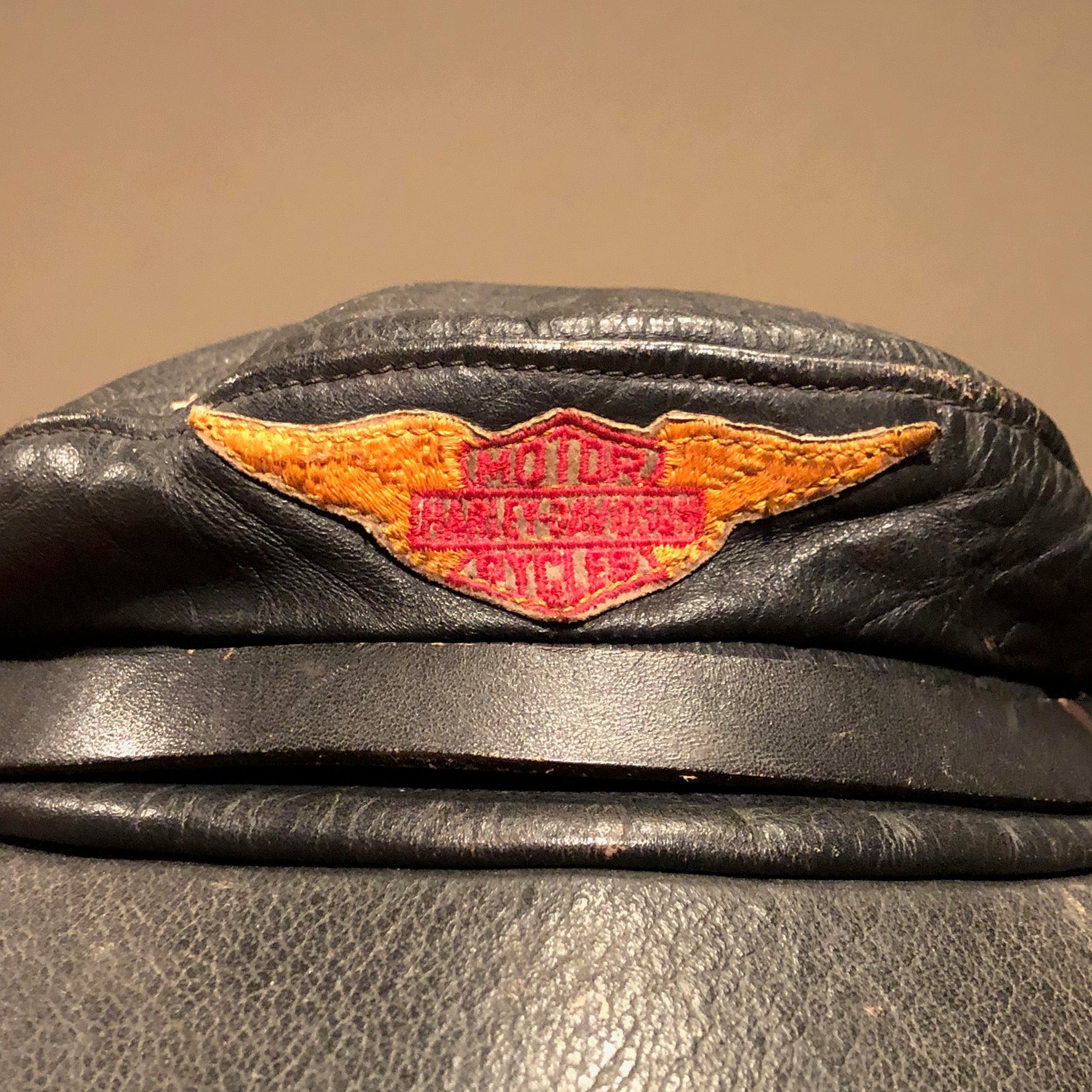 1960s Harley Patch on Vintage Harley Davidson Leather Cap - 1960s - Large - The Leather Goods - El Cajon - Brando Wild Ones - Old Patch - Captain Hat - Newsboy