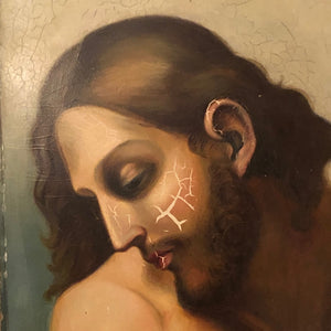19th Century Painting of Christ with Craquelure Tattoos -  1800s - F.W. Devoe Tag on Reverse - Mystery Artist - Religious Artwork