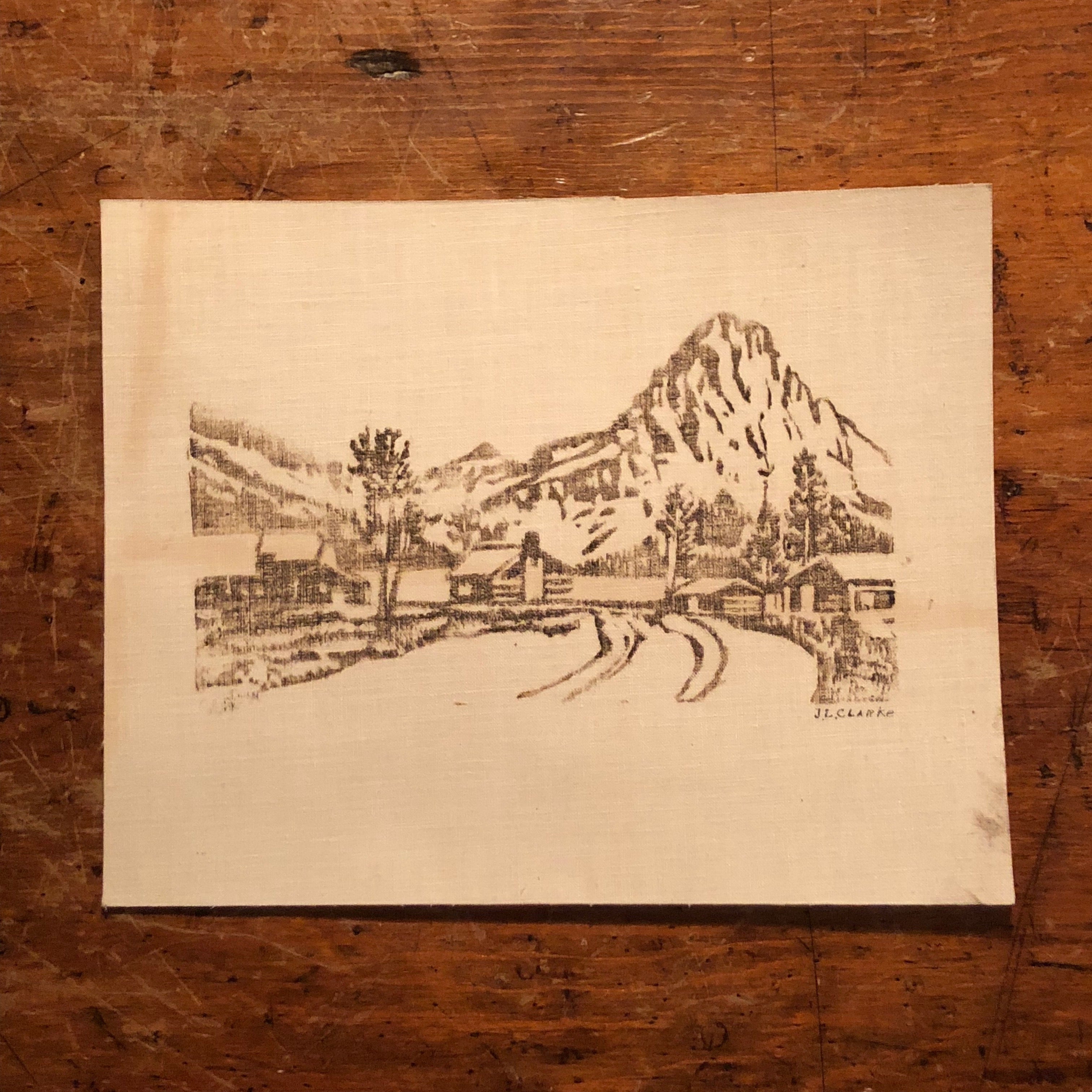 John L. Clarke Linoleum Print of Mountain and Log Cabin Scene - Signed J.L. Clarke - Native American Art - Montana Artwork - Regional Artist