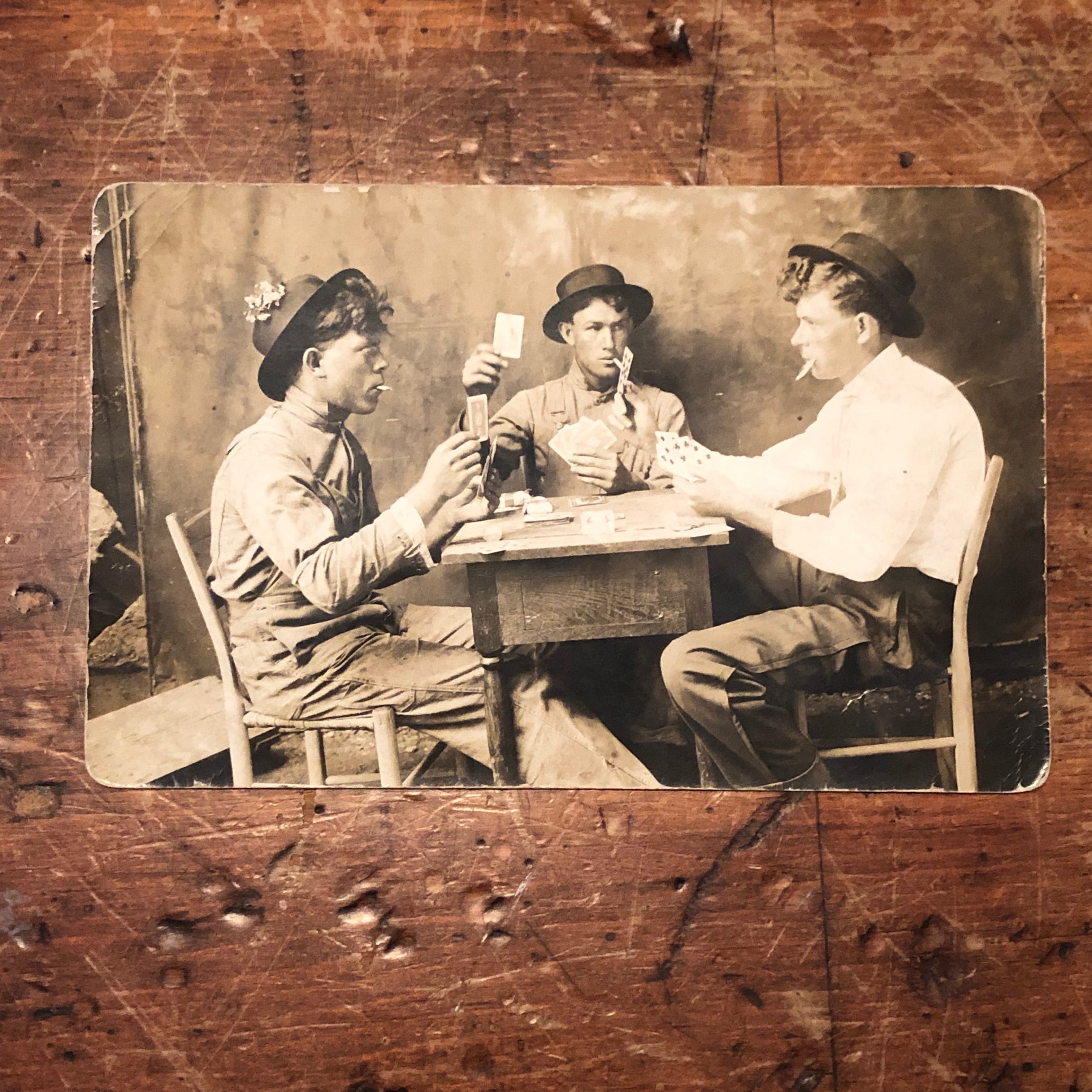 Antique RPPC of Gambling Card Game - Rare Real Photo Postcard from Early 1900s - Unusual Photo of Men's Workwear - Mancave Photography