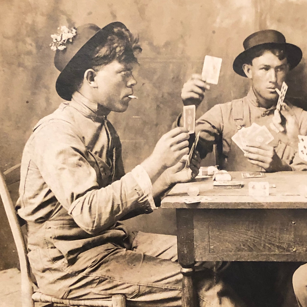 Denim Workwear - Antique RPPC of Gambling Card Game - Rare Real Photo Postcard from Early 1900s - Unusual Photo of Men's Workwear - Mancave Photography