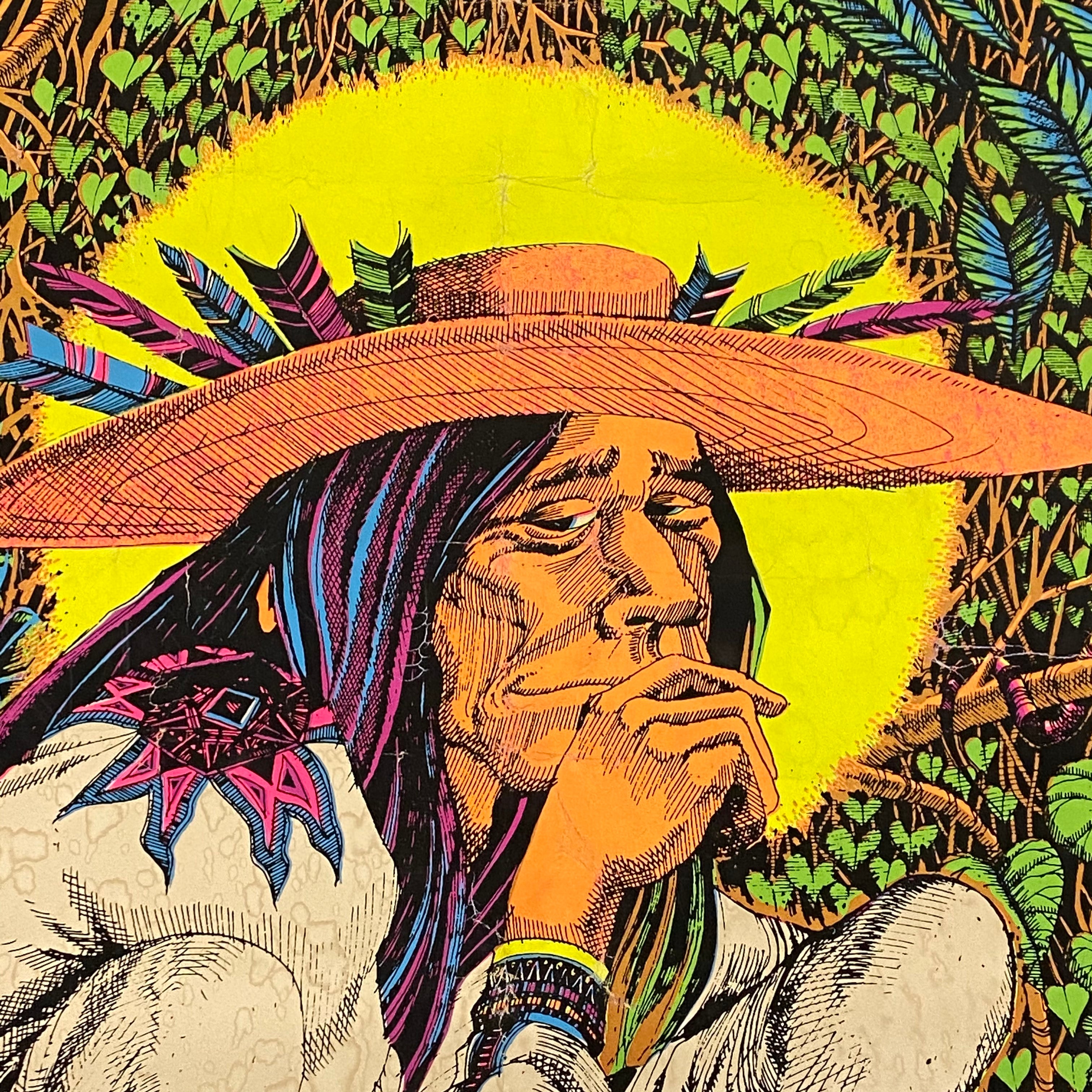 Close up of Vintage San Mezcalito Poster from 1970s - Artwork by Rick Griffin - Authentic Hippy Blacklight - Royal Screen Craft - Cocorico Graphics