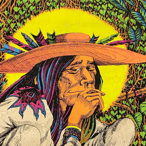 Close up of Vintage San Mezcalito Poster from 1970s - Artwork by Rick Griffin - Authentic Hippy Blacklight - Royal Screen Craft - Cocorico Graphics