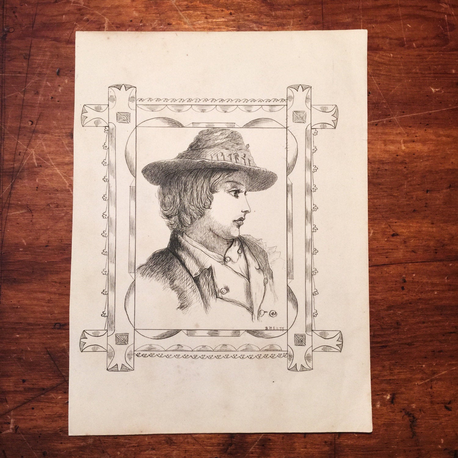 Antique Portrait Drawing of Woman - Signed and Dated 1877 - Fashion - Mystery artist - Vintage