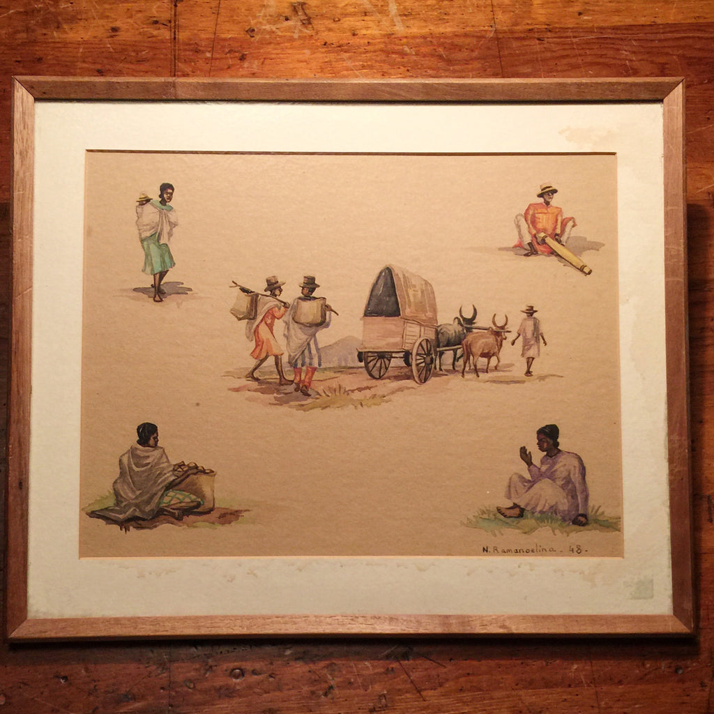 Vintage African Watercolor Paintings (2) - Signed N. Ramanoelina - Madagascar Figures - Rustic Scenes - 1948