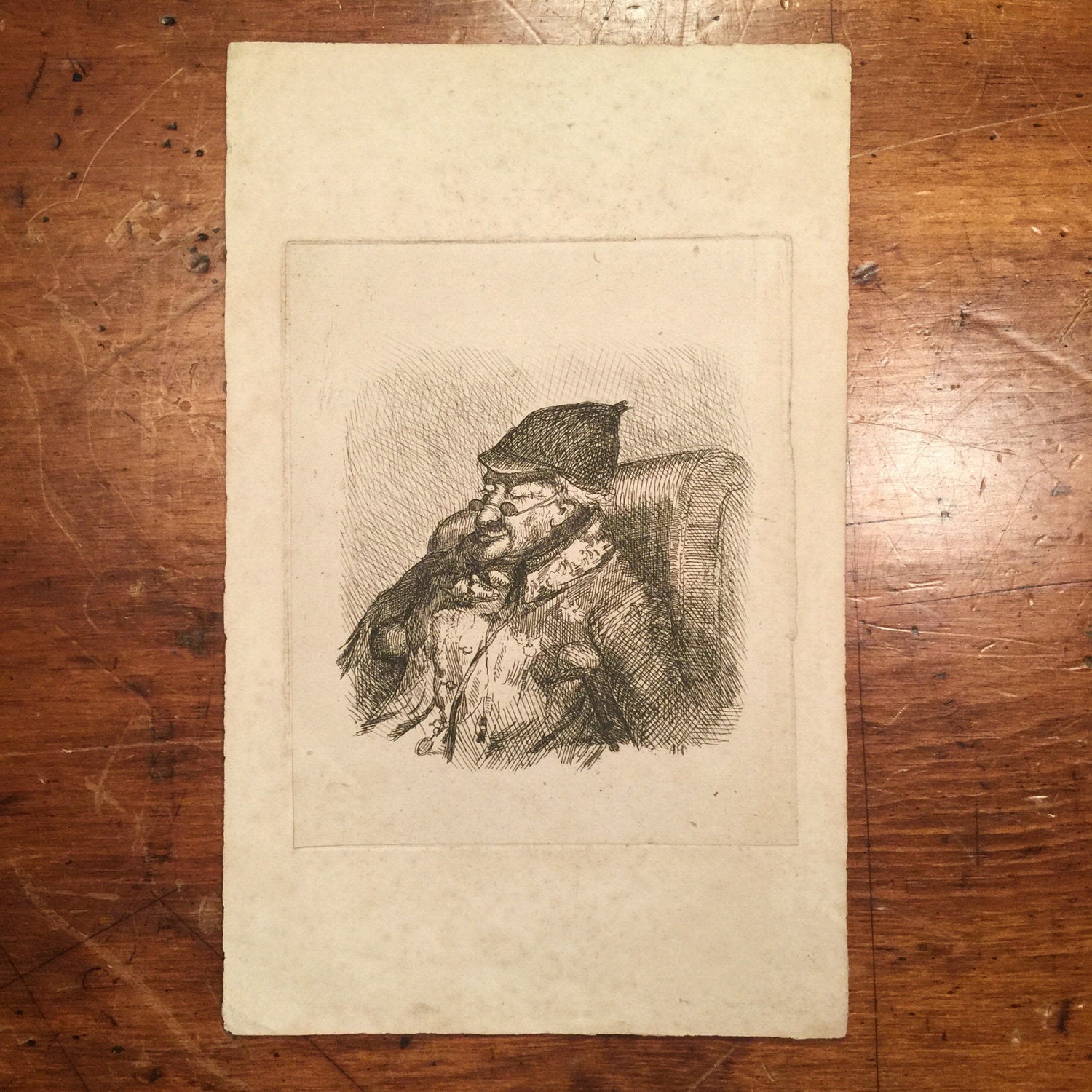 Early British Etching of Sleeping Man with Glasses - 1800s - Signed in plate "A.H." - Mystery Artist